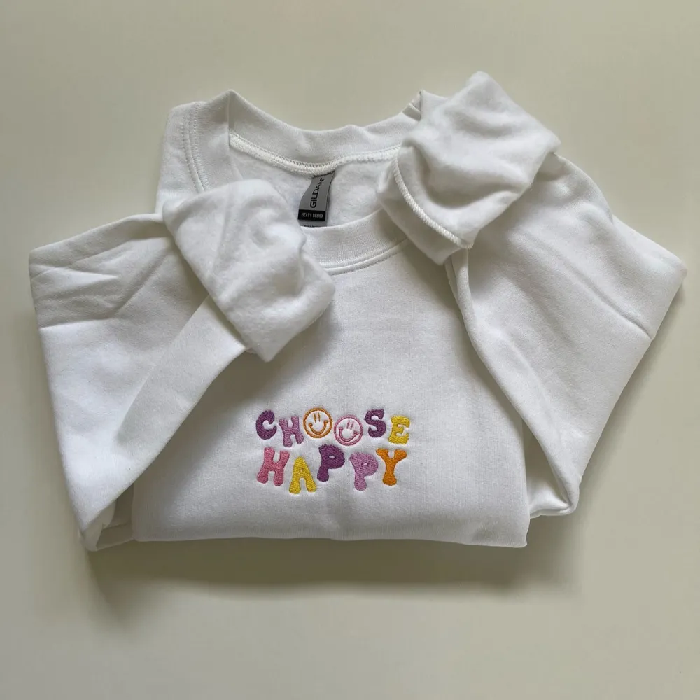 Embroidered Crewneck Sweatshirt Choose Happy Quote Crewneck Sweatshirt Beige/Cream Embroidered