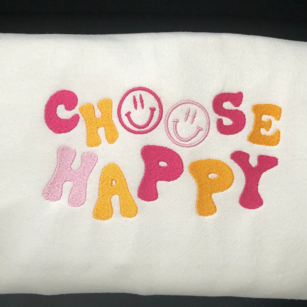 Embroidered Crewneck Sweatshirt Choose Happy Quote Crewneck Sweatshirt Beige/Cream Embroidered