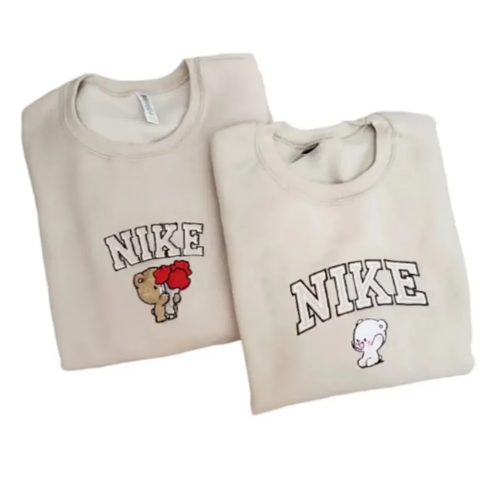 Cute Bear Couple Nike Milk and Mocha Bear Embroidered Couple Sweatshirt - TM